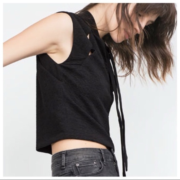 BLACK ZARA TIE NECK TOP WITH ASYMMETRICAL CUT M - Picture 2 of 6